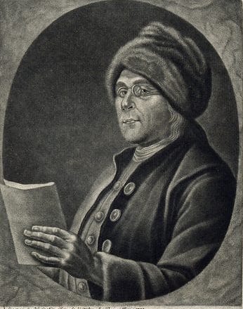 Benjamin Franklin in France wearing a fur cap