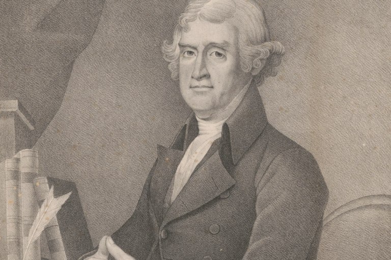 Drawing of Thomas Jefferson sitting next to books