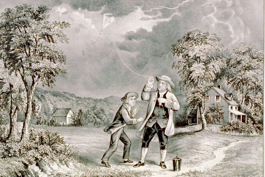 Benjamin Franklin conducting his famous lightning experiments