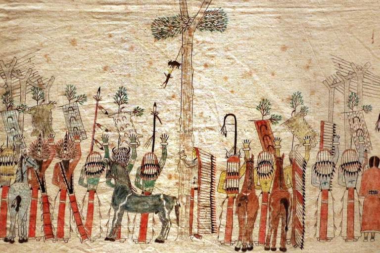 Art from a Lakota tent, depicting Lakota men with their horses