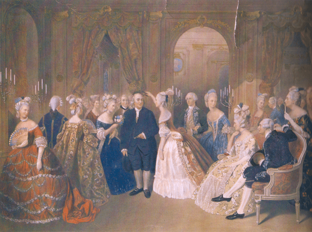 Painting of Benjamin Franklin meeting the French nobility in Paris.