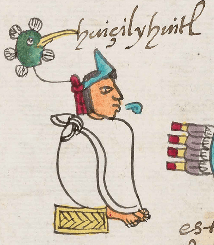 Image of Huitzilihuitl from the Codex Borgia, the Aztec kings that began the rise of the Aztec Empire.