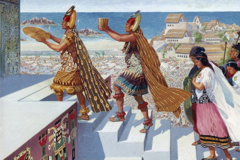 Inca priests bearing Inca symbols at a temple