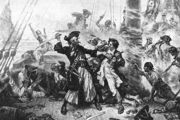 Battle during the golden age of piracy in the Caribbean