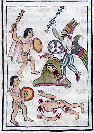 Aztec warriors using the macuahuitl in battle