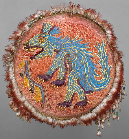 Aztec feather shield, known as the Ahuitzotl Shield, currently housed in the National Museum in Vienna, Austria.