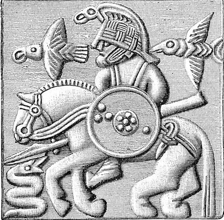 Image from bronze plate that shows Odin carrying his spear and riding his horse, flanked by his ravens.