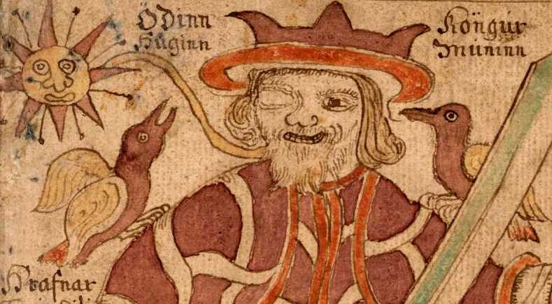 Image from the Prose Edda of Odin with his two ravens on his shoulders