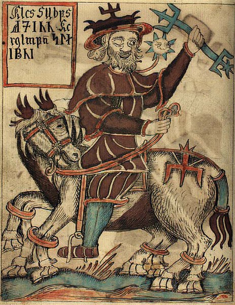 Odin riding his horse Sleipnir from an 18th-century manuscript.