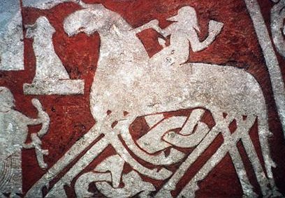 Odin riding Sleipnir on the Tjängvide runestone