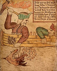 Thor using his hammer to fish from the SÁM 66 manuscript.