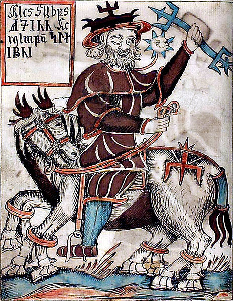 Odin riding his horse and holding Gungnir aloft from the Prose Edda.