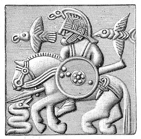 Image of Odin riding Sleipnir holding Gungnir from a Vendel-era helmet.