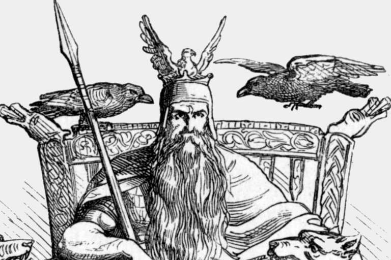 Huginn and Muninn sitting on Odin's shoulders.