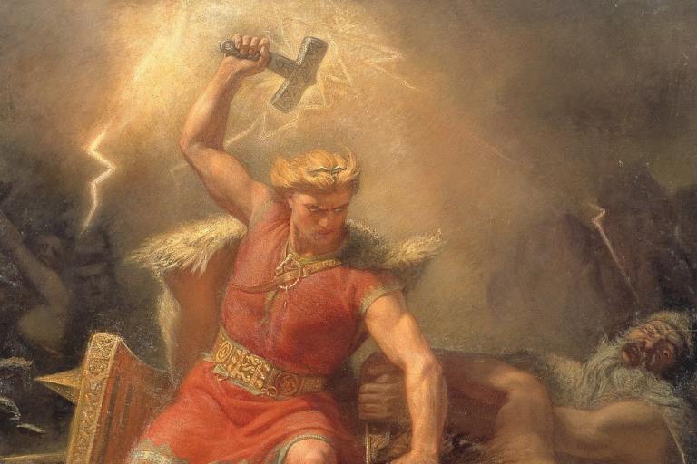 Thor holding his hammer aloft, a great example of the Mjolnir symbol in use.