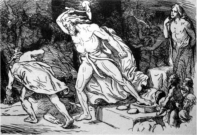 Thor wielding Mjolnir against Thyrm and the giants.