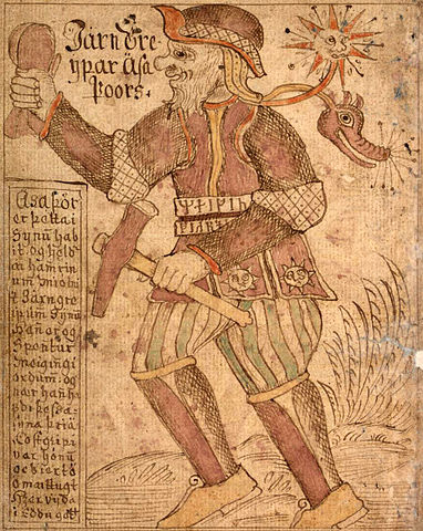 A depiction of Thor holding Mjolnir from the Prose Edda