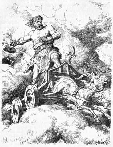 Drawing of Thor holding Mjolnir, riding his goat-drawn chariot.