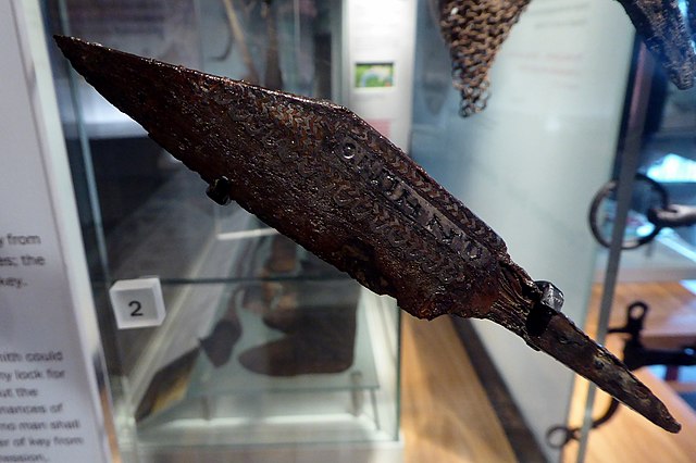 A seax, an important Viking weapon, made c. 1000, found in the River Thames at Putney and on display in the Museum of London.