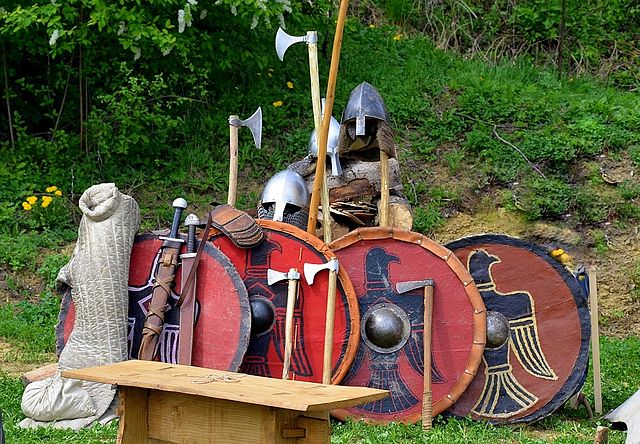 Modern replica of Viking shields and other Viking weapons.
