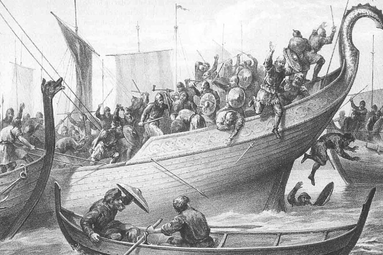 Viking warriors boarding an enemy ship.