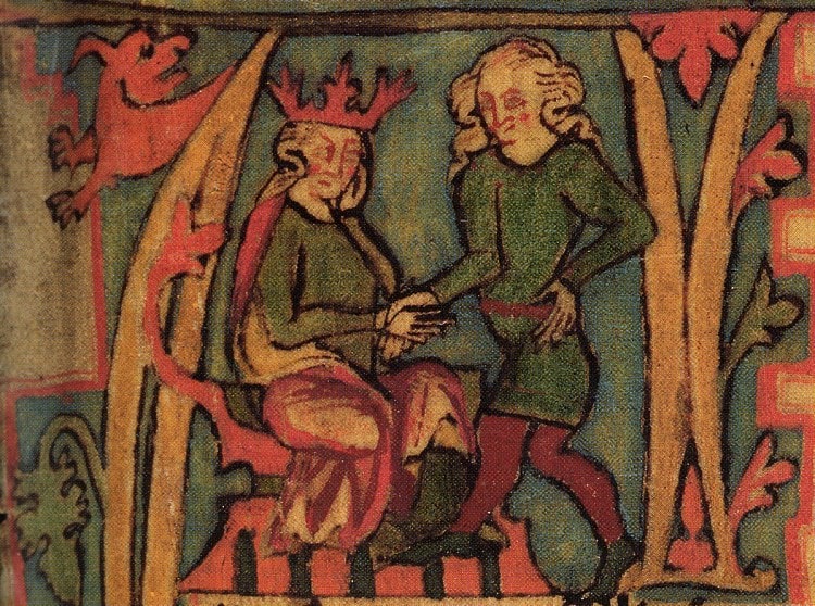 Medieval illustration of King Harald I of Norway succeeding his father Halfdan the Black
