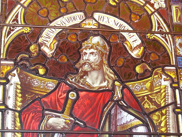 Stained glass depiction of Harald I from the St. Magnus Cathedral in Scotland