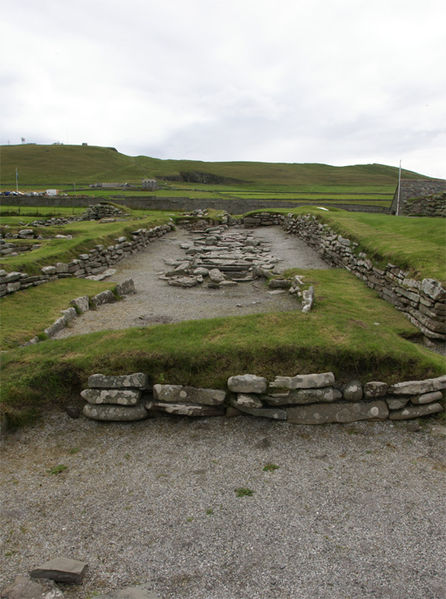 Foundation stones of a Viking longhouse in Shetland, Scotland.