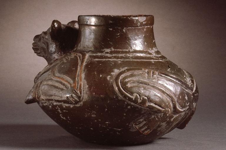 Piece of Mayan pottery sculpted to look like a jaguar