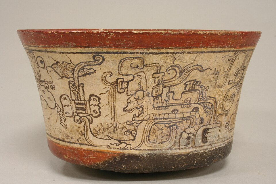Piece of Mayan pottery depicting a scene from mythology